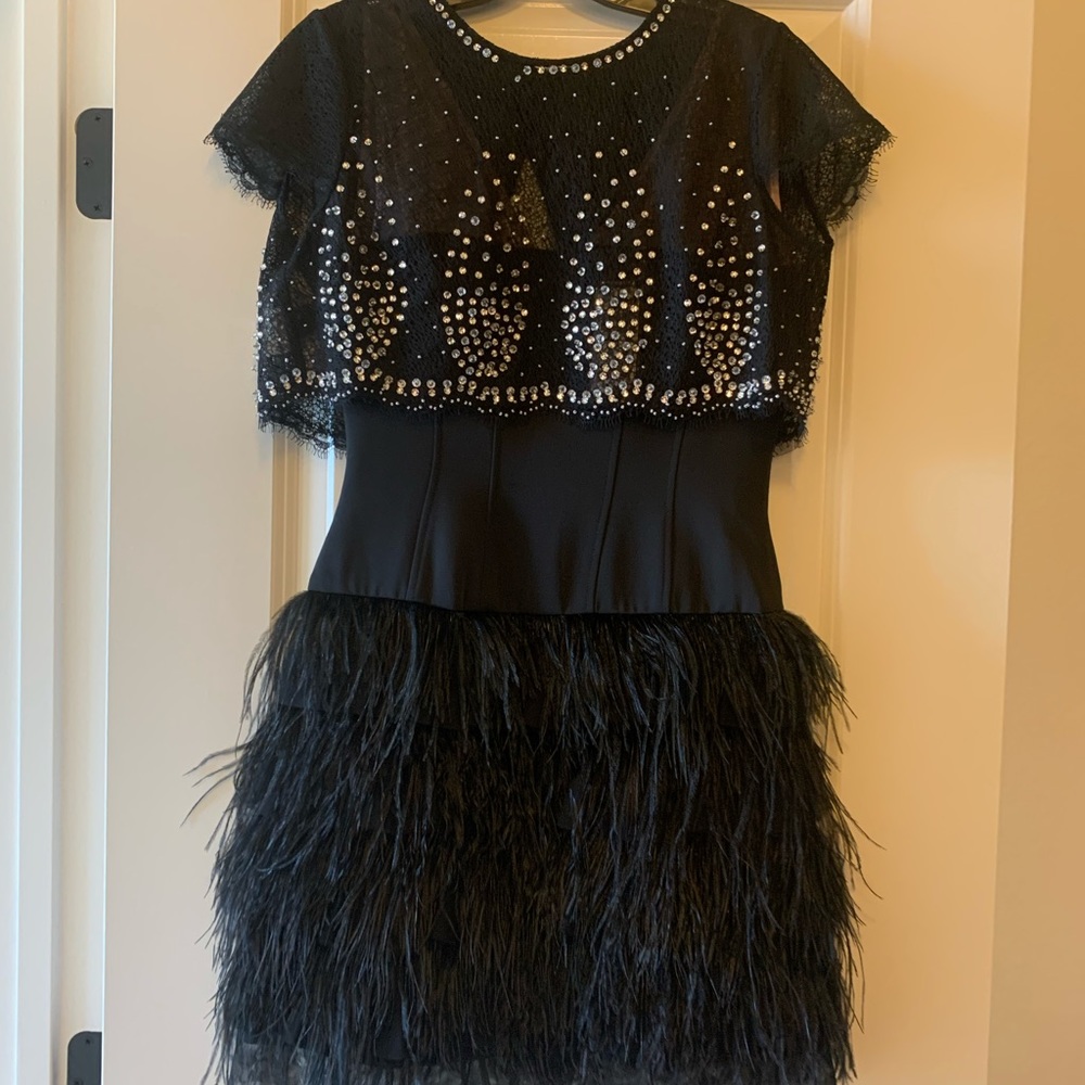 Karley bcbg feather black dress with rhinestones